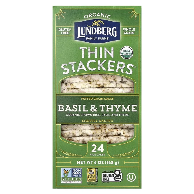 Lundberg, Organic Thin Stackers, воздушные зерновые пироги, базилик и чабрец, слабосоленые, 24 рисовых пирога, 168 г (6 унций)