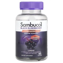 Sambucol, Черная бузина, жевательные таблетки для поддержки иммунитета, с витамином C и цинком, вкус натуральных ягод, 60 жевательных таблеток