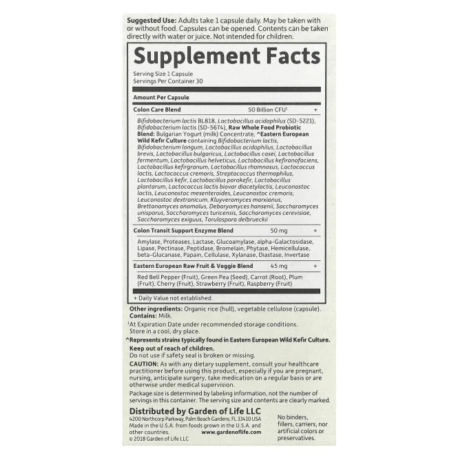 Garden of Life, Сырые пробиотики, Colon Care, 30 вегетарианских капсул