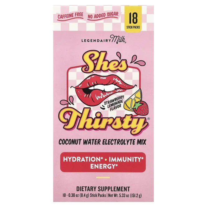 Legendairy Milk, She's Thirsty®, смесь электролитов с кокосовой водой, со вкусом клубничного лимонада (коробка), 18 стиков по 8,4 г (0,3 унции)