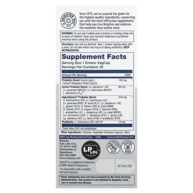 Solaray, Mycrobiome®, полноценный пробиотик, активный, 30 вегетарианских капсул