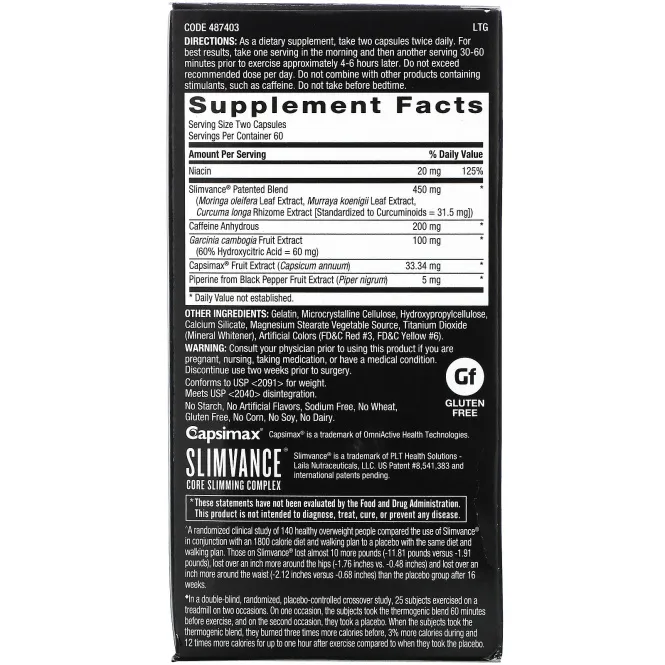 GNC Body Dynamix, Slimvance, Core Slimming Complex, 120 Capsules