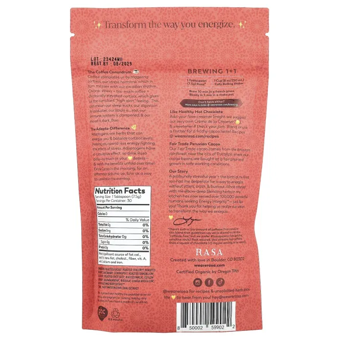 Rasa, Отвар какао, упакованный адаптогенами, 226 г (8 унций)