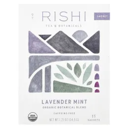 Rishi Tea, Organic Botanical Blend, лаванда и мята, без кофеина, 15 пакетиков, 37,5 г (1,32 унции)