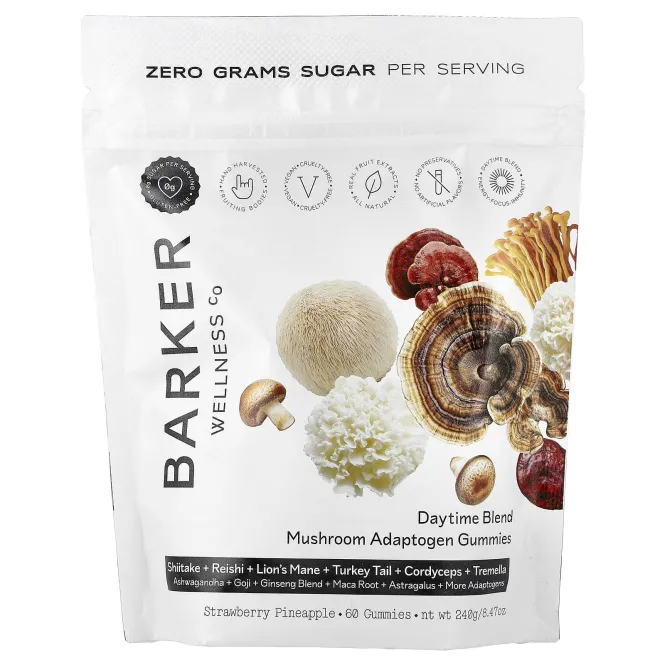 Barker Wellness Co, Daytime Blend, смесь грибов и адаптогенов в жевательных таблетках, со вкусом клубники и ананаса, 60 жевательных таблеток