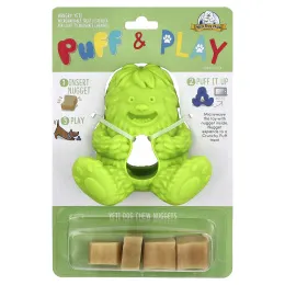 Yeti Dog Chew, Puff & Play, дозатор лакомств, жевательные таблетки для собак, зеленый, 4 жевательных конфеты, 1 дозатор