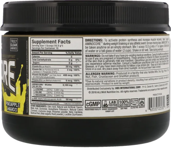 ALLMAX Nutrition, AMINOCORE, аминокислоты с разветвленной цепью, 8 г аминокислот с разветвленной цепью, 100% чистого 45:30:25 соотношения, без глютена, ананас и манго, 3,70 унций (105 г)