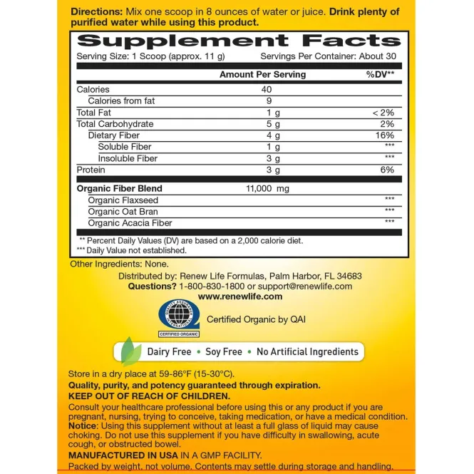 Renew Life, Organic Triple Fiber, сбалансированная формула с клетчаткой, 340 г