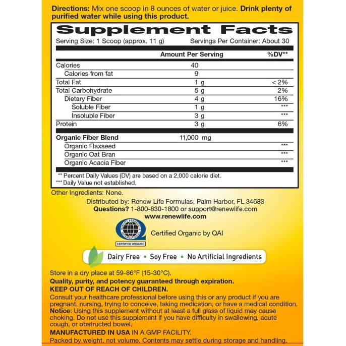 Renew Life, Organic Triple Fiber, сбалансированная формула с клетчаткой, 340 г