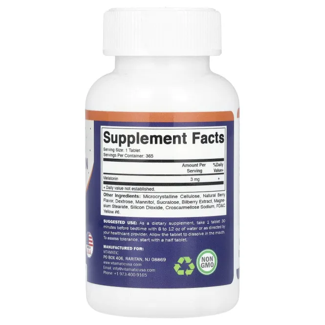 Vitamatic, Мелатонин, натуральные ягоды, 3 мг, 365 быстро растворяющихся таблеток