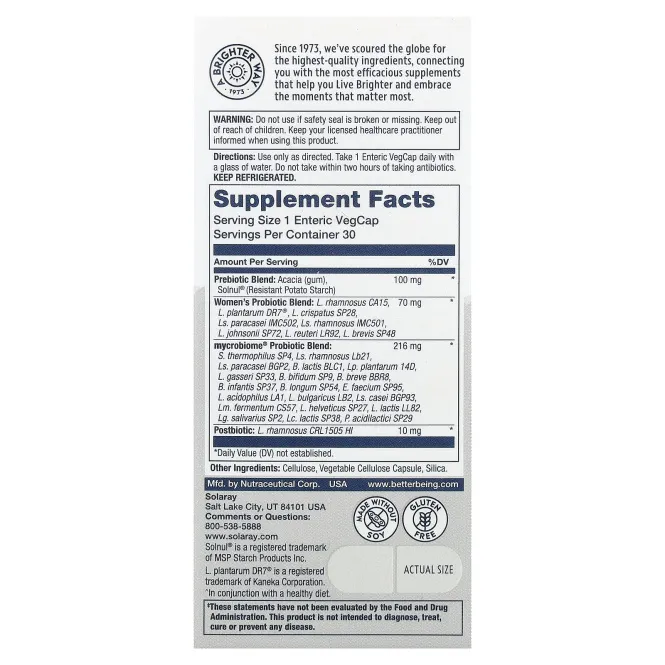 Solaray, Mycrobiome®, полноценный пробиотик, для женщин, 30 растительных капсул