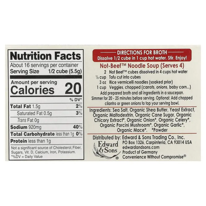 Edward & Sons, Not-Beef™, бульонные кубики, 8 кубиков, 88 г (3,1 унции)