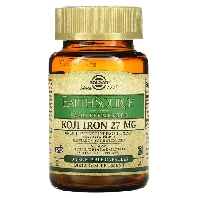Solgar, EarthSource Food Fermented, железо коджи, 27 мг, 30 растительных капсул
