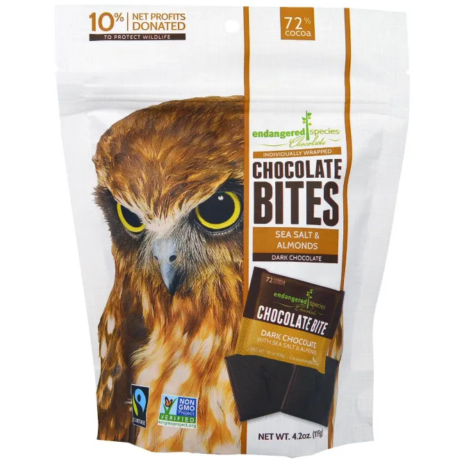 Endangered Species Chocolate, Chocolate Bites, Темный Шоколад с  Миндалем и Морской Солью, 4,7 унции (133 г)