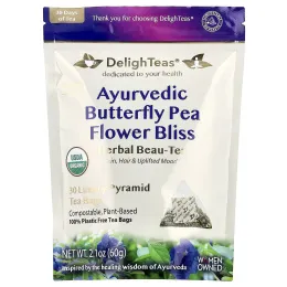 DelighTeas, Ayurvedic Butterfly Pea Flower Bliss, травяной чай, без кофеина, 30 роскошных чайных пакетиков Pyramid, 60 г (2,1 унции)