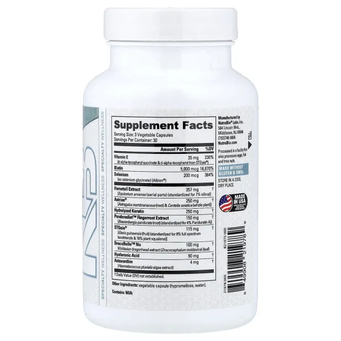 NutraBio, волосы, кожа и ногти, 90 капсул