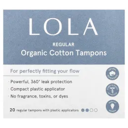 Lola, тампоны из органического хлопка с пластиковыми аппликаторами, обычные, 20 штук