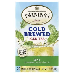 Twinings, холодный чай со льдом, зеленый чай, несладкий, с мятой, 20 порционных чайных пакетиков, 40 г (1,41 унции)