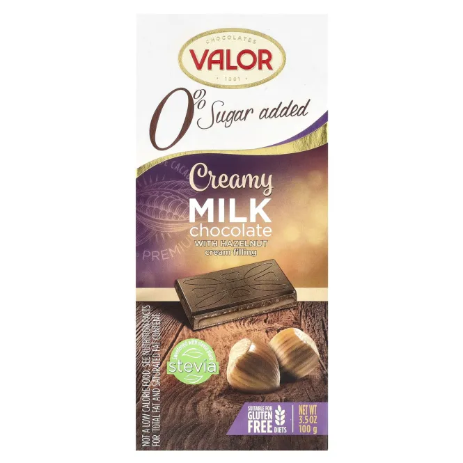 Valor, 0% сахара, сливочный молочный шоколад с кремовой начинкой из фундука, 100 г (3,5 унции)