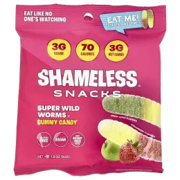 Shameless Snacks, Жевательные конфеты Super Wild Worms®, зеленое яблоко и клубника, 6 пакетиков по 50 г (1,8 унции)