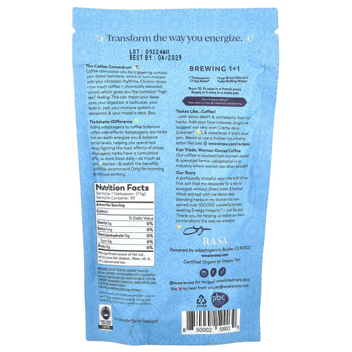 Rasa, Кофе, упакованный адаптогенами, грязный, 226 г (8 унций)