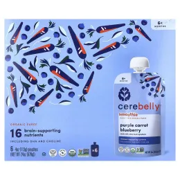 Cerebelly, смузи, органическое пюре без молочных продуктов, для детей от 6 месяцев, фиолетовая морковь, голубика, 6 паучей по 113 г (4 унции)