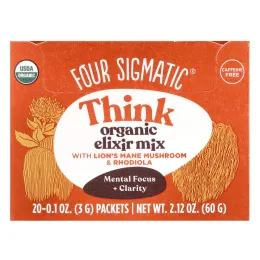 Four Sigmatic, Think, органическая смесь эликсира с грибом ежовиком гребенчатым и родиолой, без кофеина, 20 пакетиков по 3 г (0,1 унции)