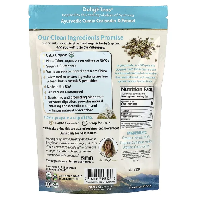 DelighTeas, Ayurvedic Cumin, Coriander & Fennel, травяной чай для выведения токсинов, без кофеина, 30 роскошных чайных пакетиков Pyramid, 120 г (4,2 унции)