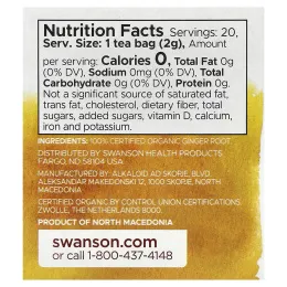 Swanson, 100% органический чай из корня имбиря, без кофеина, 20 чайных пакетиков, 40 г (1,4 унции)