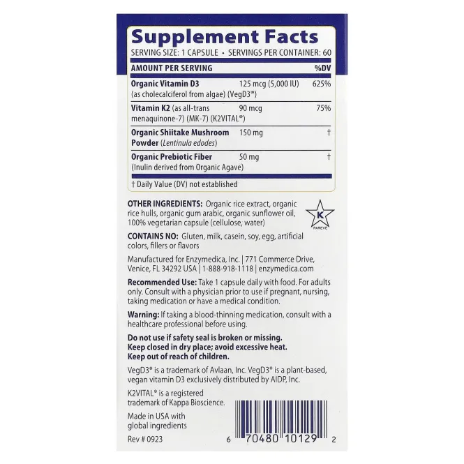 Enzymedica, Сделано с органическим D3 + витамином K2 60 капсул