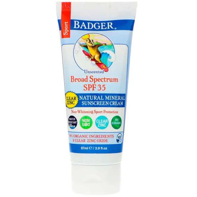 Badger Company, Спорт, натуральный минеральный солнцезащитный крем, прозрачный цинк, фактор защиты SPF 35, без запаха, 87 мл