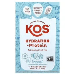 KOS, Hydration + Protein, освежающая смесь для напитков, тропические фрукты, 7 пакетиков по 18 г (0,65 унции)
