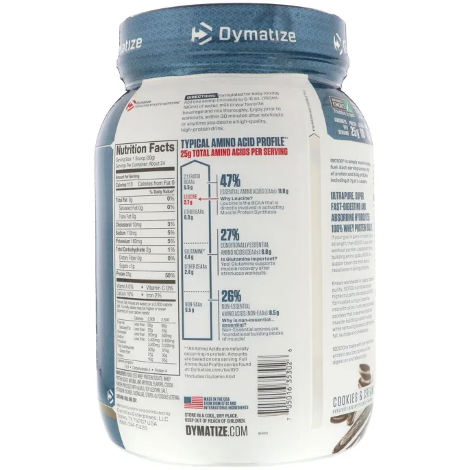 Dymatize Nutrition, ISO 100 Hydrolyzed 100% Whey Protein Isolate, Cookies & Cream, 25.6 oz (725 g)