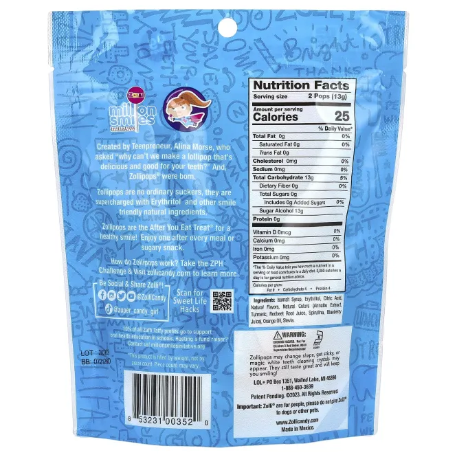 Zollipops, леденцы для чистки зубов со вкусом фруктов, прибл. 13–15 леденцов, 88 г (3,1 унции)