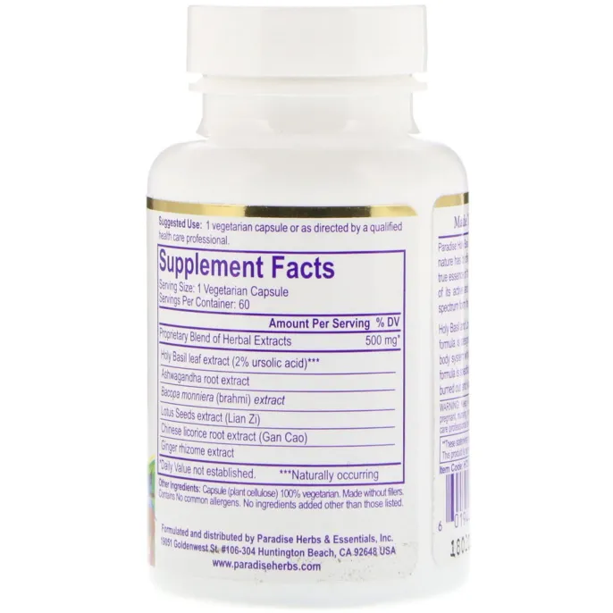 Paradise Herbs, Holy Basil, Lotus & Bacopa, 60 Vegetable Capsules