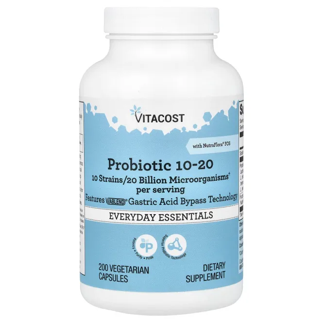 Vitacost, пробиотик 10-20 с NutraFlora® ФОС, 200 вегетарианских капсул