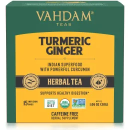 Vahdam Teas, травяной чай, куркума и имбирь, без кофеина, 15 чайных пакетиков, 30 г (1,06 унции)
