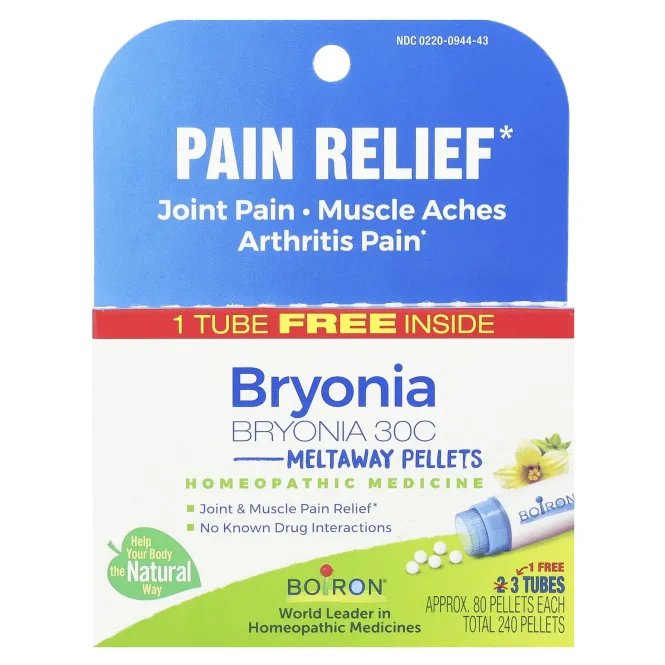 Boiron, Bryonia, обезболивающее, гранулы для рассасывания, 30C, 3 упаковки по 80 гранул