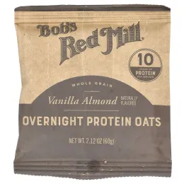 Bob's Red Mill, Overnight Protein Oats, цельнозерновые продукты, ваниль и миндаль, 4 пакетика по 60 г (2,12 унции)