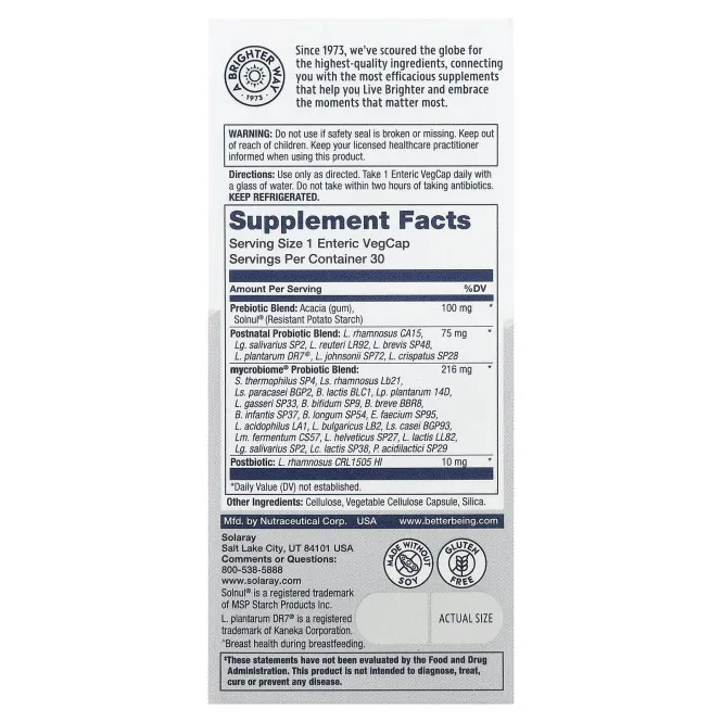 Solaray, Mycrobiome®, полноценный пробиотик, для послеродового периода, 30 растительных капсул