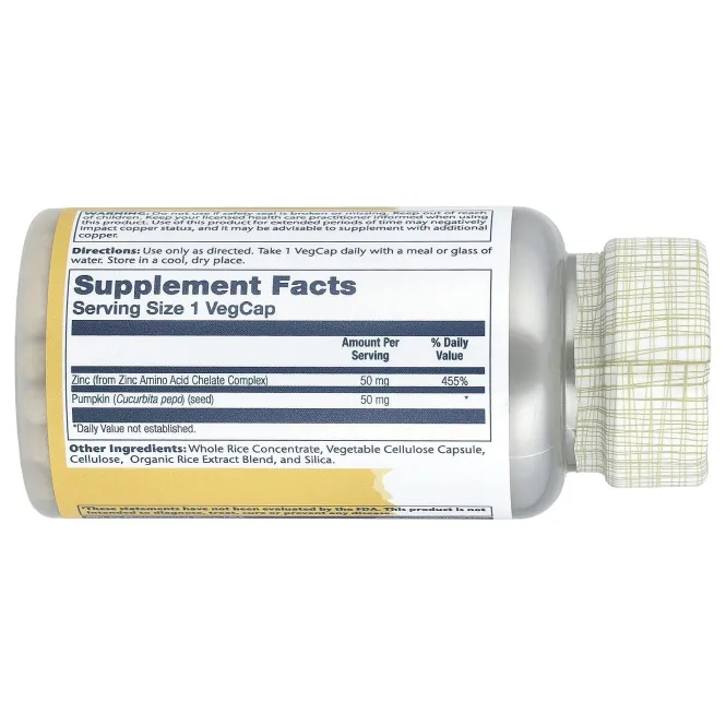 Solaray, Цинк, 50 мг, 100 вегетарианских капсул