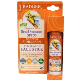 Badger Company, Дети оксид цинка Солнцезащитный All Season Face Палка, SPF 35, мандарин и ваниль, .65 унции (18,4 г)