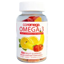 Coromega, Омега-3, фрукты мармеладки для взрослых, апельсин, лимон, клубника банан, 60 фруктовых желатиновых конфет