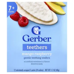 Gerber, вафли для прорезывания зубов, для детей от 7 месяцев, манго и малина, 12 пакетиков в индивидуальной упаковке по 2 пакетика по 4 г (0,14 унции)