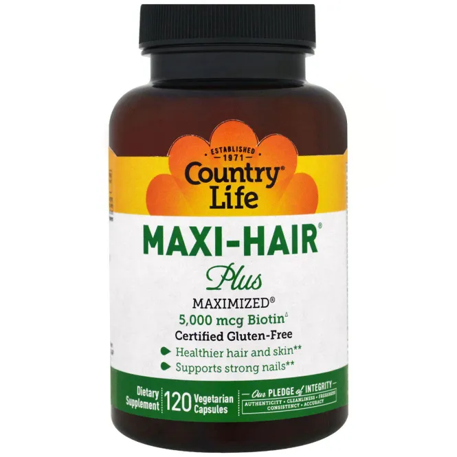 Витамины для волос Country Life Maxi Hair Plus 5000 мкг, 120 растительных капсул