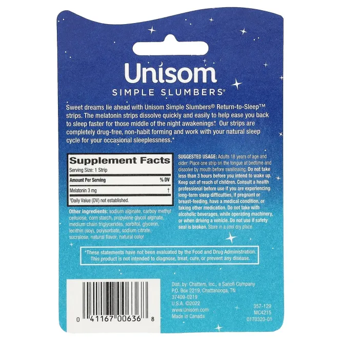 Unisom, Simple Slumbers, возврат к сну, мелатониновые полоски, холодящая мята, 3 мг, 21 полоска