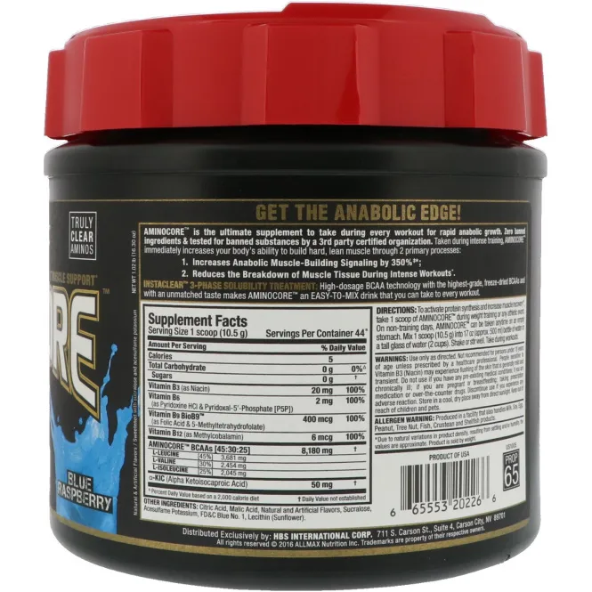 ALLMAX Nutrition, AMINOCORE, BCAA, 8 г аминокислот с разветвлённой цепью, 100% чистый продукт, соотношение аминокислот 45:30:25, без глютена, голубая малина, 1,02 ф (462 г)