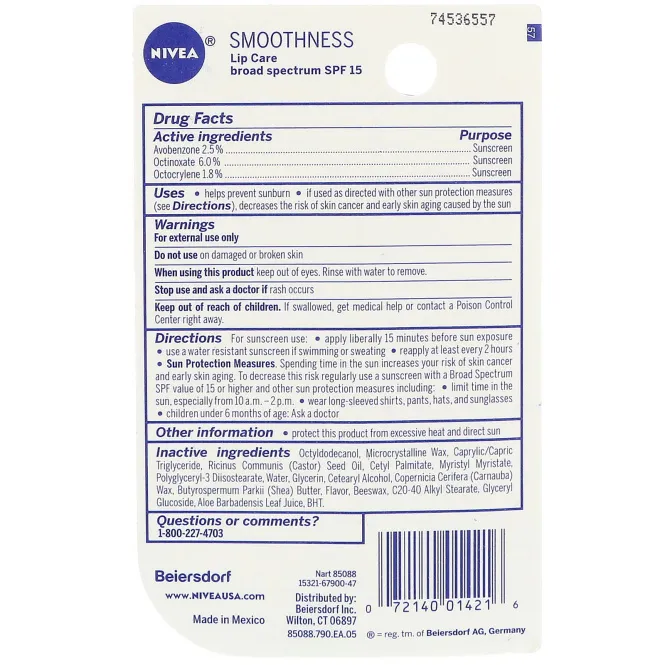 Nivea, Smoothness, уход за губами, SPF 15, 4,8 г