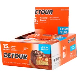 Detour, Батончики из сывороточного белка со вкусом карамели и арахиса, 9 батончиков, 1,5 унции (43 г) каждый