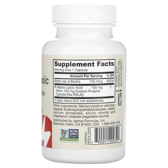 Jarrow Formulas, R-альфа липоевая кислота + биотин, 60 вегетарианских капсул